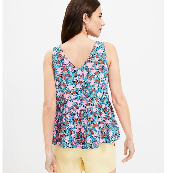 Loft Daisy Double V Peplum Shell Tank Top Floral Print Sz L Pink Blue Green - Picture 2 of 8